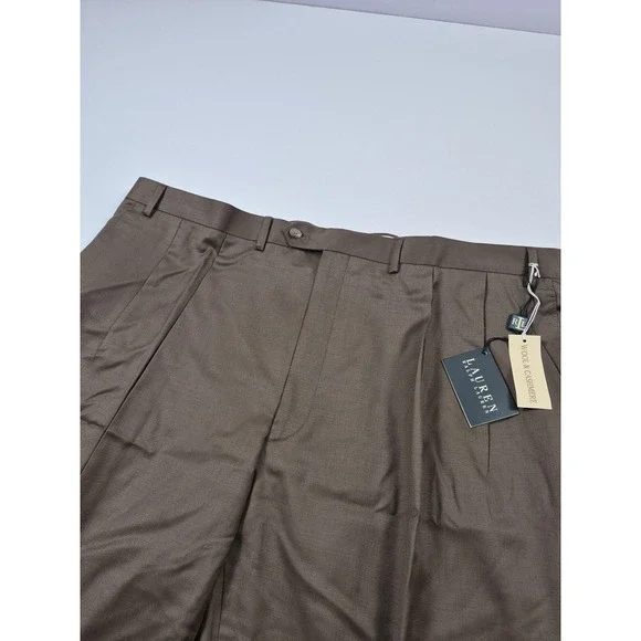 Lauren Ralph Lauren Pants Mens 46x36 Brown Wool Cashmere Pleated Dress Slacks - Picture 2 of 15